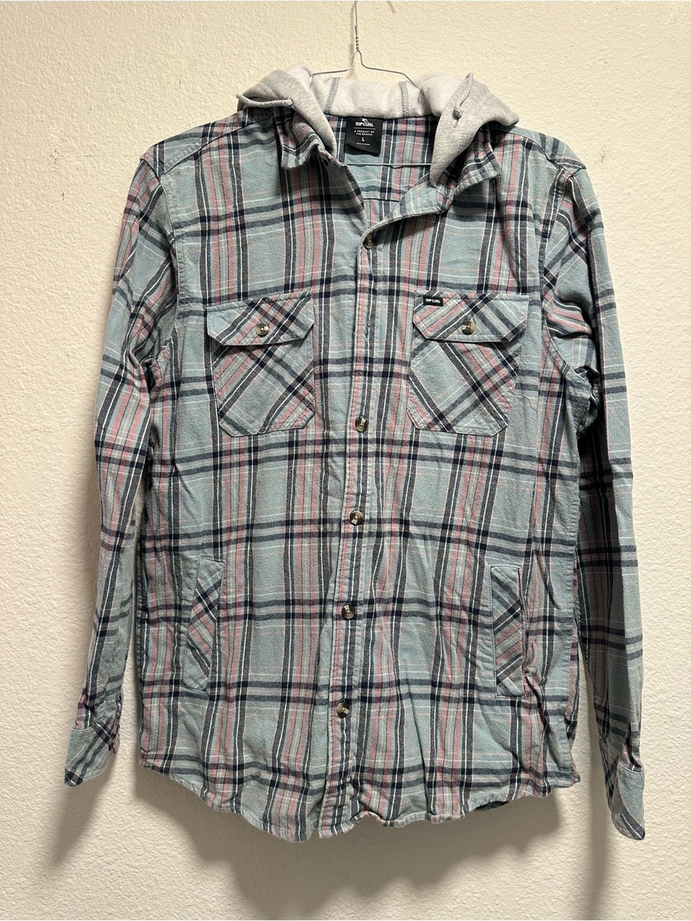Rip Curl Men’s Large Hooded Flannel Shirt Jacket Blue Gray Plaid Button Up
